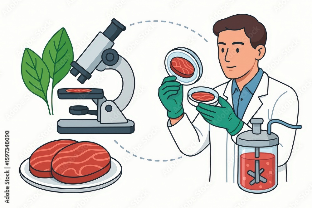 Poster innovative scientist analyzing cultured meat samples under a microscope in a futuristic laboratory w