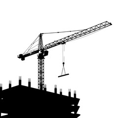 A stark black silhouette of a towering construction crane lifts a heavy beam over a building under development against a clean white background.