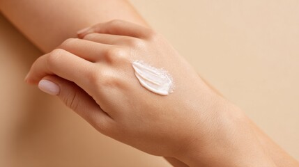 Fototapeta premium A close-up view of a hand applying moisturizing cream, highlighting a daily skincare routine. Soft lighting emphasizes the smooth skin and the texture of the cream.