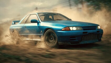 Naklejka premium Blue sports car, fast, dirt road, dust, motion blur