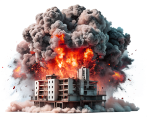 A building is engulfed in a massive explosion with smoke and fire isolated on transparent background