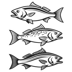 Three Black and White Fish Vector Icons Isolated
