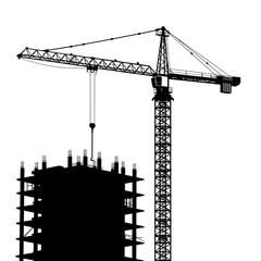 A towering construction crane silhouette lifts materials to the top of a building skeleton against a stark white background.