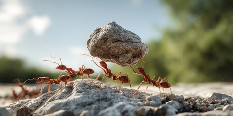 The industrious ants working together to lift a heavy rock.