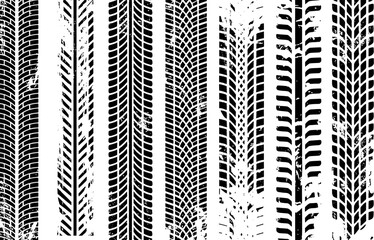 Black tire tracks with varied tread patterns and distressed textures vector