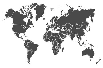 World map illustration showing continents and countries in a simplified gray scale design with white background | editable eps vectors silhouette