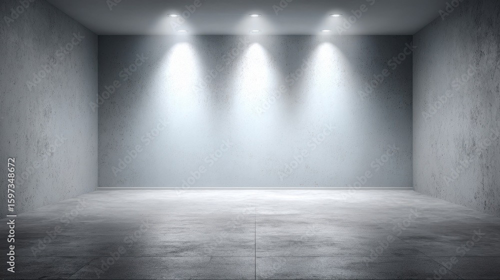 Poster a spacious gallery area features smooth concrete walls and floor with bright overhead lights illumin