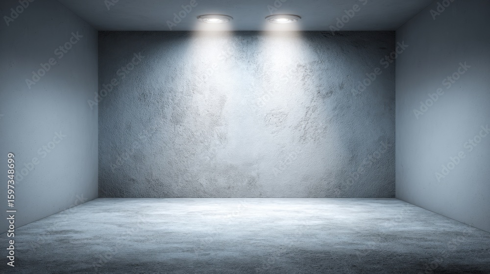 Poster gray walls and a smooth floor define a spacious room, illuminated by two ceiling spotlights. the atm