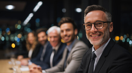 A portrait of smiling business people in the conference room, with one man wearing glasses and looking at the camera. The other men have different ages, ranging from their mid-20s