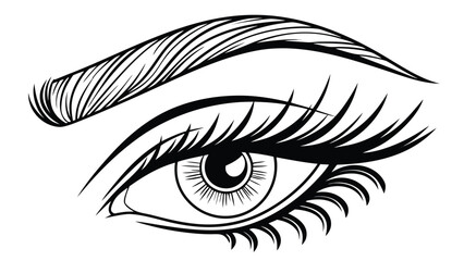 Black and White Illustration of a Womans Eye with Long Eyelashes and Defined Eyebrow