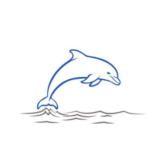 A dynamic and elegant illustration of a blue-outlined dolphin leaping gracefully over ocean waves