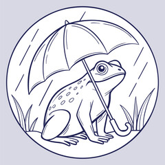 Blue Line Drawing Frog Under Umbrella Rain line art