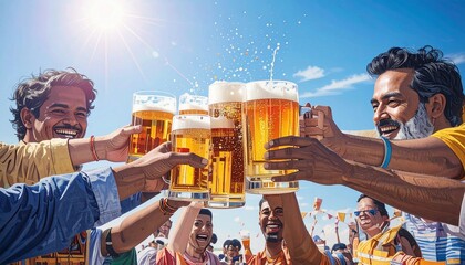 夏の青空を背景にジョッキに注がれたビールで乾杯する外国人男性　Generative AI