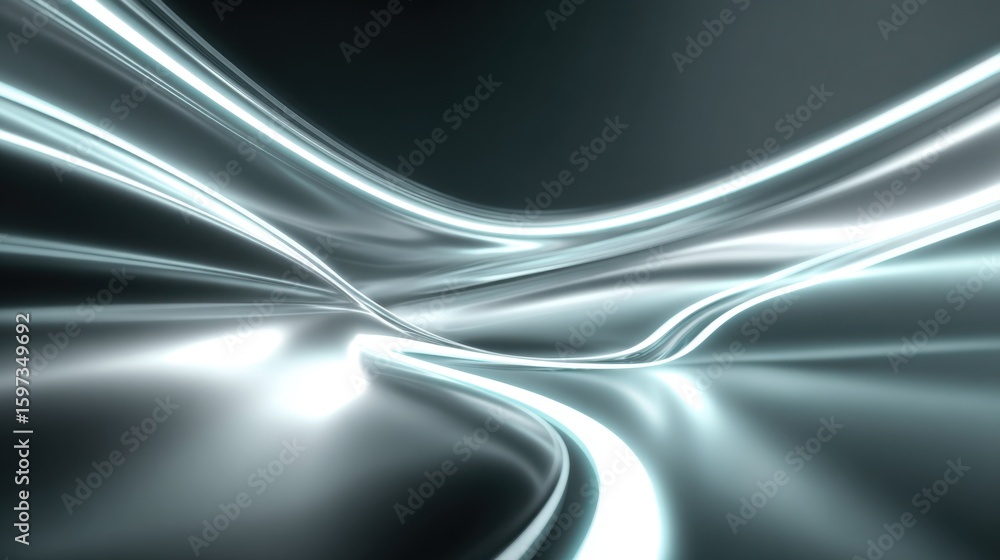 Poster curved lines of luminous light ripple through a dark, smooth surface, creating a dynamic visual effe