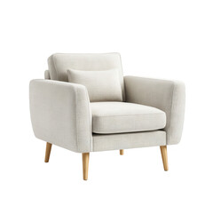 Off-white armchair with light wood legs, cushioned seat and back, and a single bolster pillow