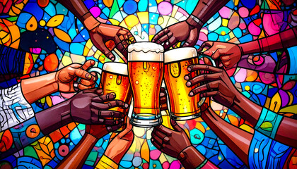 ジョッキに注がれたビールで乾杯　ステンドグラス風素材　Generative AI