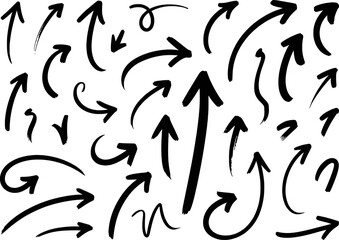 Fototapeta premium Collection of black hand drawn arrows pointing in various directions brush stroke