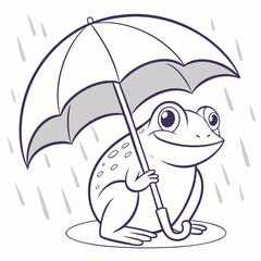 Happy Frog Under Umbrella in Purple Line Art Rain vector