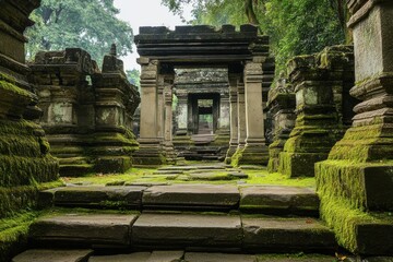 Naklejka premium Angkor Temple: Moss Covered Stone Passageway Leading to Ancient Ruins