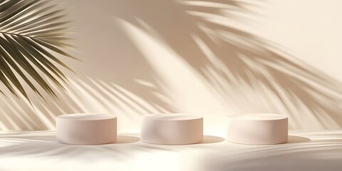 "Soft beige presentation stands with delicate palm leaf shadows, creating a tropical-inspired backdrop for cosmetic displays, beauty ads, and professional mockups."


