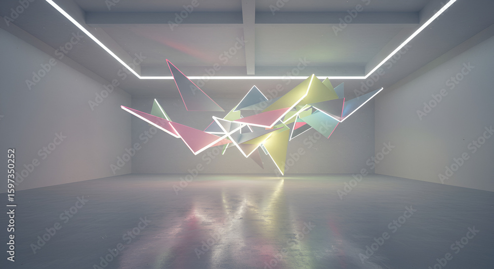 Poster illuminated geometric shapes hover in a modern minimalist architectural space