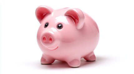 A smiling piggy bank made of ceramic sits on a white surface, reflecting soft light. Its round body and friendly face add a playful touch to any space.