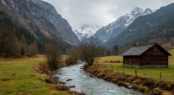 A picturesque wooden cabin stands near a flowing river in a valley surrounded by mountains with snowcapped peaks under a cloudy sky - Powered by Adobe