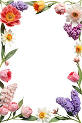 Elegant rectangular floral border with pastel roses, tulips, and lilacs. Perfect for wedding invitations, greeting cards, or spring designs. Transparent background.
