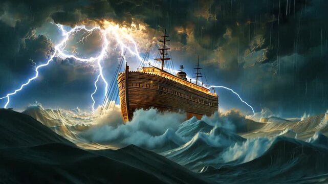 Noah&rsquo;s Ark Battling a Storm with Lightning and Giant Waves