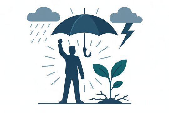 A determined figure raises an umbrella amid stormy weather symbolizing resilience and growth while new sprouts emerge from the ground amid challenges signifying hope and renewal