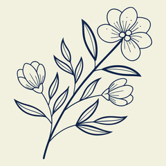 Navy Blue Minimalist Botanical Sketch Flowers Leaves Branch