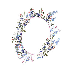 Watercolor hand draw frame with aesthetic Karelia floral, north berries, flowers and herbs, blueberry, cloudberry, buckthorn, lingonberry, mushroom and fly agaris, wildflowers botanical illustration.