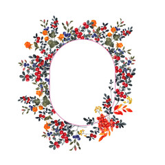 Watercolor hand draw frame with aesthetic Karelia floral, north berries, flowers and herbs, blueberry, cloudberry, buckthorn, lingonberry, mushroom and fly agaris, wildflowers botanical illustration.