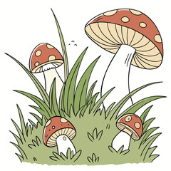 Red Mushrooms in Green Grass White Background Illustration 1