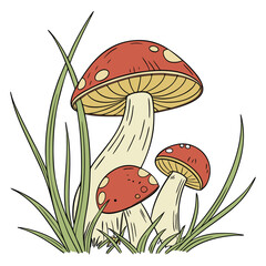 Red Mushrooms in Green Grass White Background Illustration