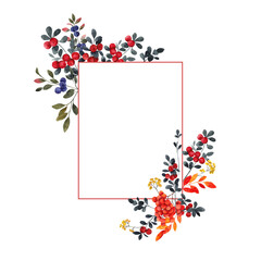 Watercolor hand draw frame with aesthetic Karelia floral, north berries, flowers and herbs, blueberry, cloudberry, buckthorn, lingonberry, mushroom and fly agaris, wildflowers botanical illustration.