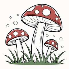 Three Red Mushrooms with White Spots in Green Grass