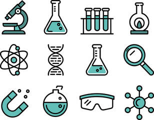 Twelve Teal and Black Science Vector Icons Set Microscope Erlenmeyer Flasks Test Tubes Atom D N