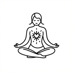 Woman in lotus position with heart chakra radiating energy in a black and white line drawing style