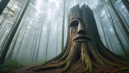Ancient gnarled tree trunk with a face like appearance in a misty forest