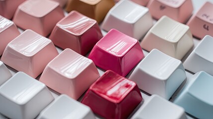 Close-up view of a collection of colorful, square-shaped keyboard keys, arranged in a grid pattern.