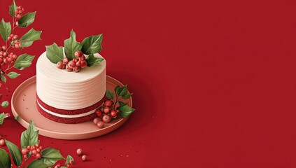 Festive red and white cake with holly