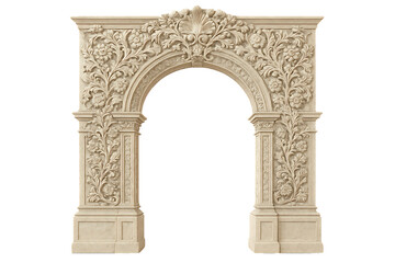 Baroque stone arch with high relief floral motifs and ornamental vegetal sculptures detailed masonry craftsmanship isolated on transparent background