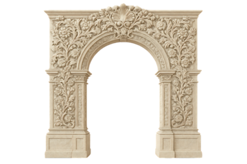 Baroque stone arch with high relief floral motifs and ornamental vegetal sculptures detailed masonry craftsmanship isolated on transparent background