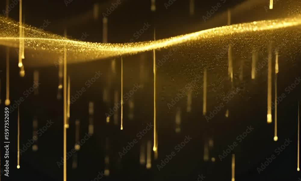 Poster a shimmering golden cascade with a wavy pattern and falling particles on a dark black background