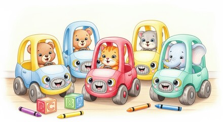 Group of bear, cat, elephant, and mouse characters driving colorful toy cars with letter blocks and crayons. Colored pencil cartoon illustration isolated on white background. Early learning and presch