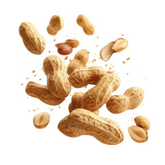 A dynamic cluster of peanuts in their shells, some opened, exhibiting textures and subtle dust, mid-air against a black backdrop