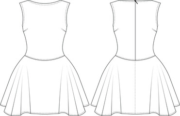 darted tailored sleeveless round neck short mini flared a line zippered balloon dress template technical drawing flat sketch cad mockup fashion woman design style model 

