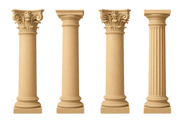 Set of mixed classical architectural columns featuring doric ionic and corinthian orders clean and detailed vertical support structures isolated on transparent background