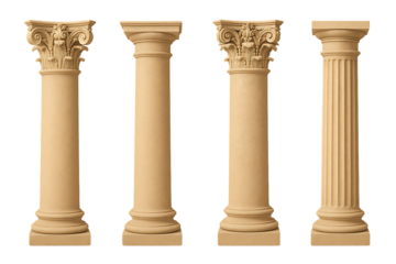Set of mixed classical architectural columns featuring doric ionic and corinthian orders clean and detailed vertical support structures isolated on transparent background